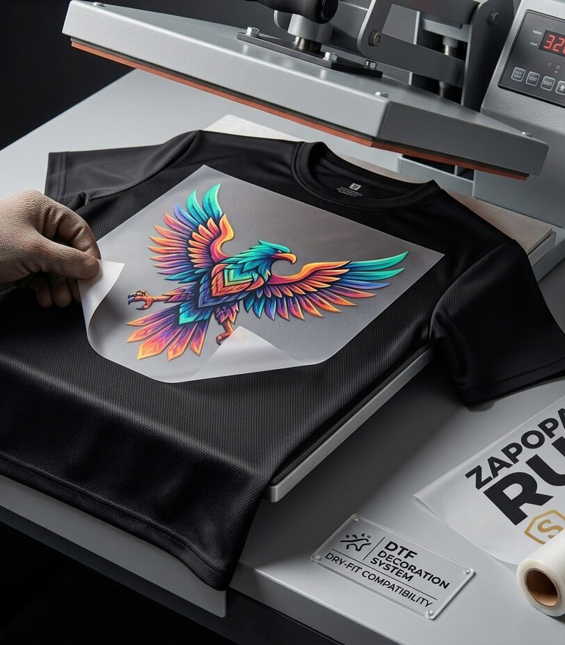 Detalle de una playera impresa en DTF, con degradados y varios colores en una sola pasada