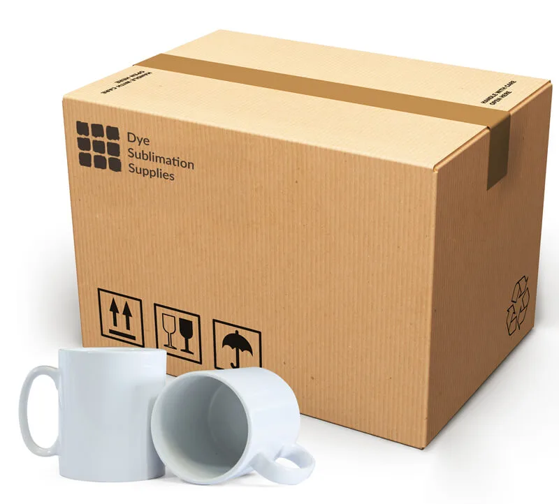 Caja de tazas sublimables lista para un pedido por mayoreo, con dos tazas blancas al frente