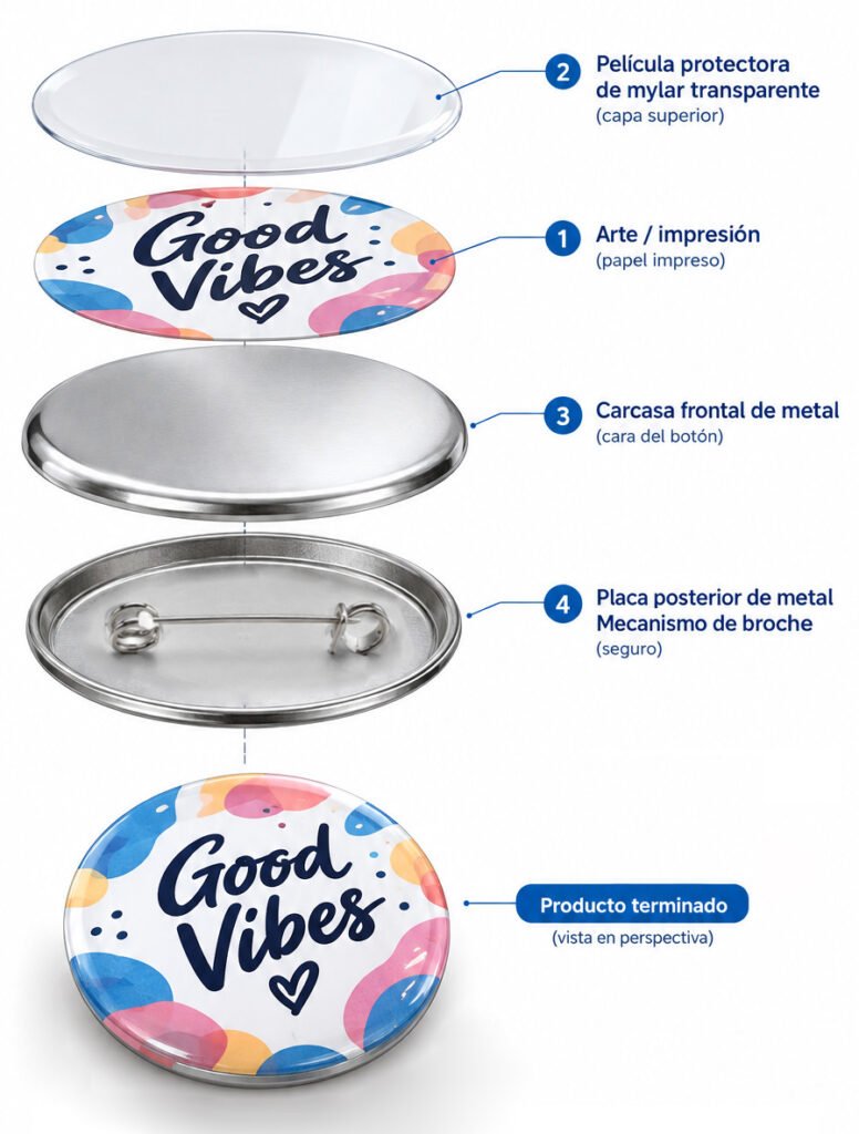 Diagrama de las partes de un botón publicitario: mica de mylar, arte impreso, carcasa frontal de metal y placa trasera con broche de seguridad