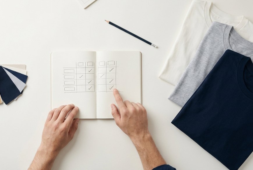 Cliente definiendo su pedido de playeras personalizadas: cantidad, tallas y colores