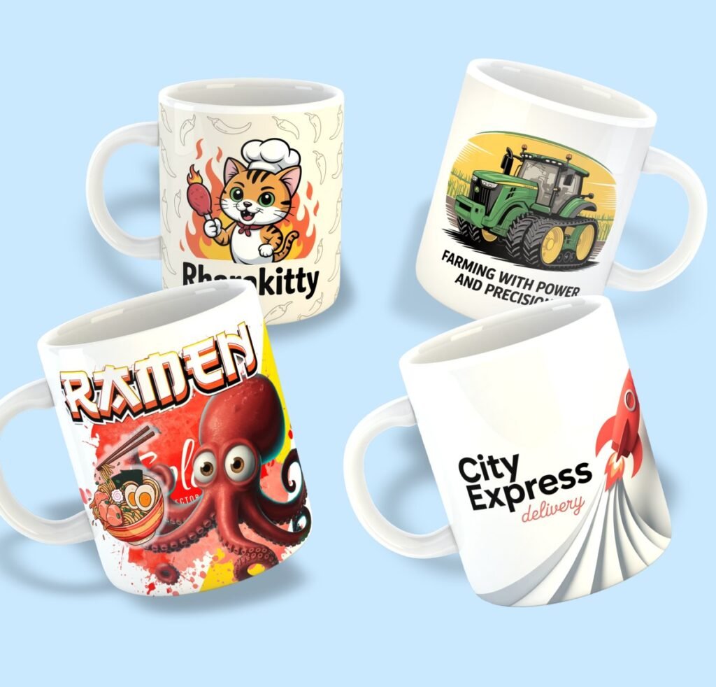 Cuatro tazas personalizadas sublimadas a todo color con diseños de marcas y personajes